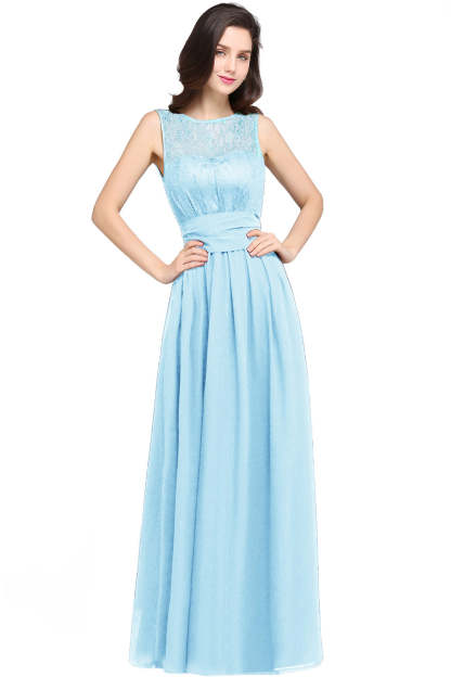 Long Off The Shoulder Round Neck Chiffon Bridesmaid Dress with Floral Lace and Ruffle - YESBABYONLINE