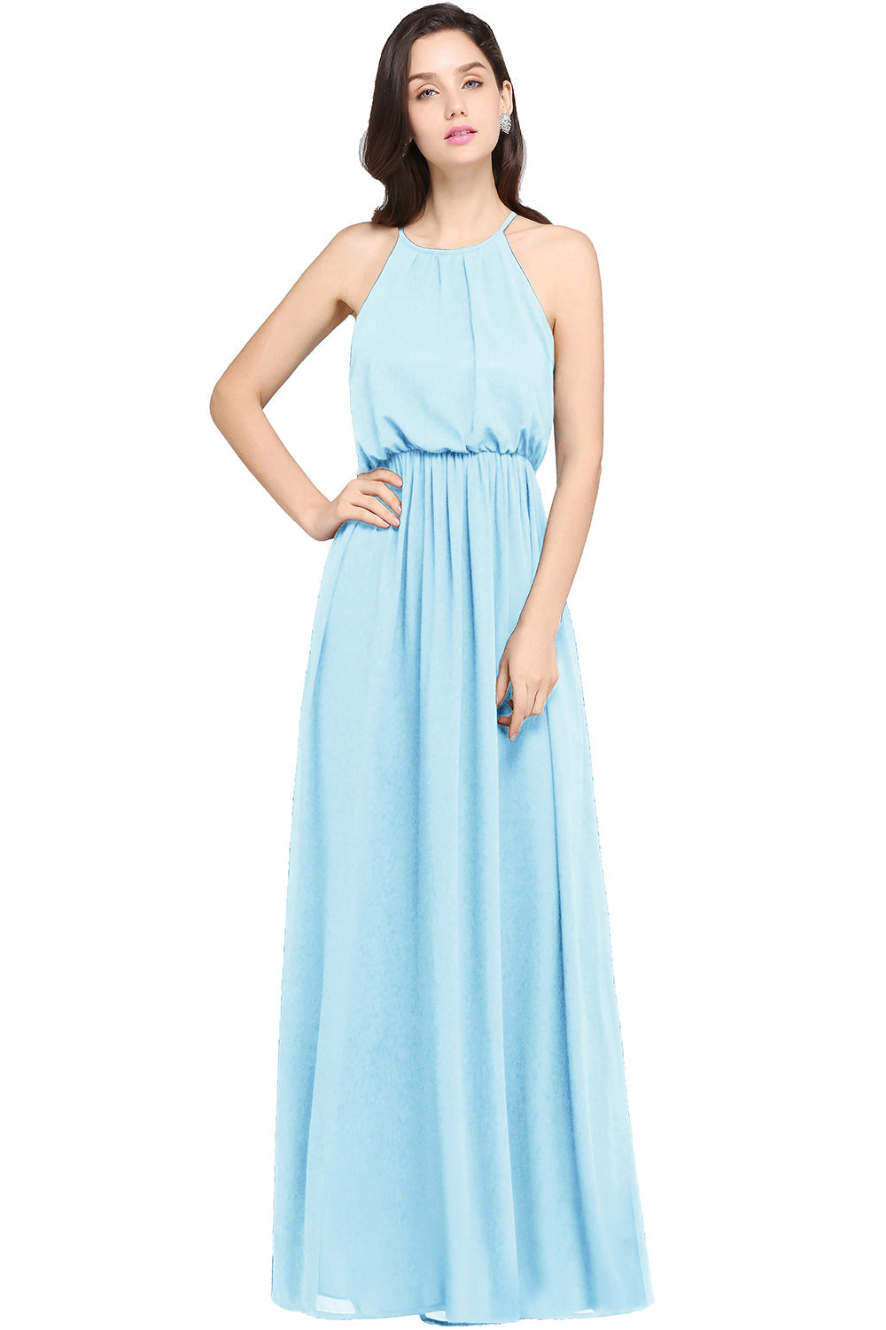 Casual Long Halter Chiffon Floor Length A Line Bridesmaid Dress - YESBABYONLINE