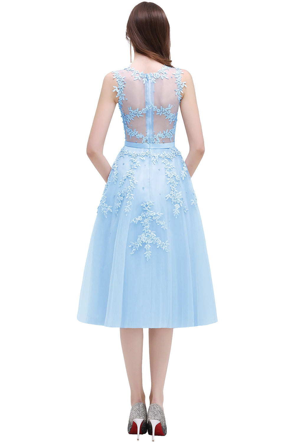 Short A Line Sleeveless Crew Neck Tulle Lace Formal Dress - YESBABYONLINE