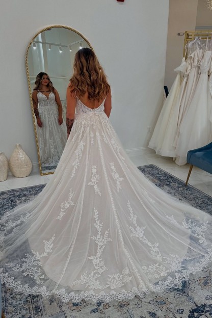 A-line V-neck Spaghetti Straps Tulle Appliques Lace Long Backless Wedding Dresses