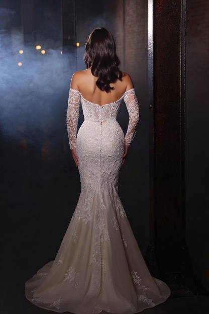 Sparkling Long Sleeves Mermaid Off The Shoulder Tulle Lace Wedding Dresses