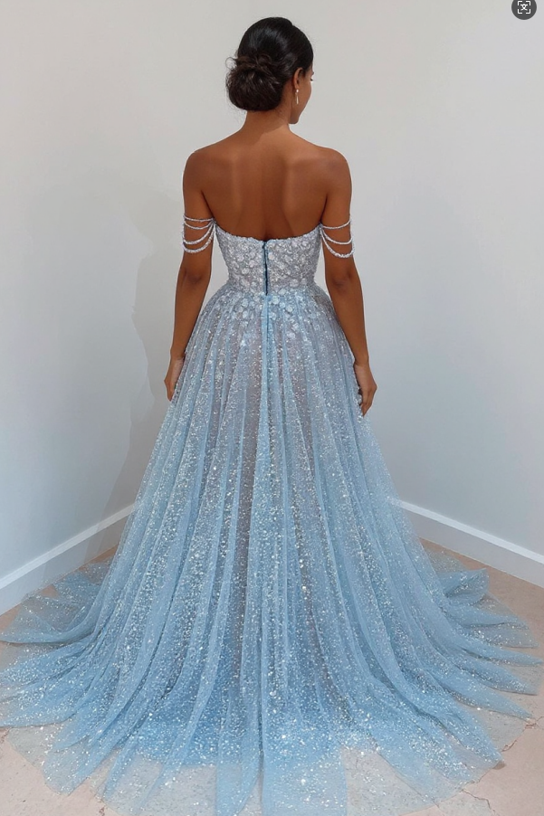 Sparkly Long A-line Sweetheart Sleeveless Sequined Evening Party Dress