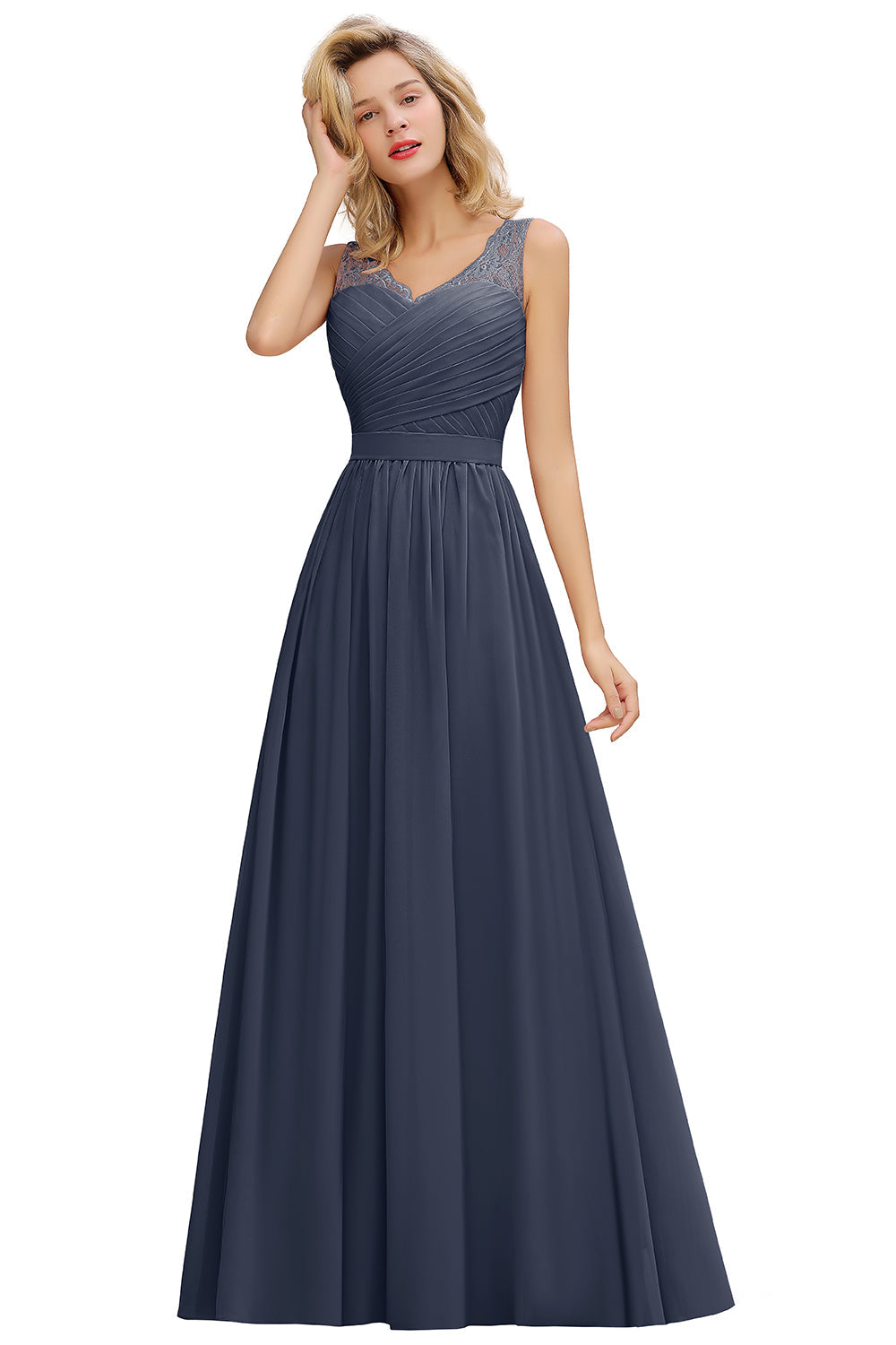 Long A line V-neck Ruffle Sleeveless Chiffon Bridesmaid Dress - YESBABYONLINE