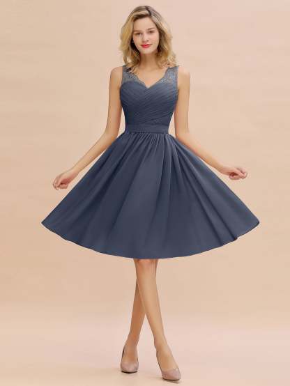 Simple Short A Line V-neck Chiffon Knee Length Bridesmaid Dress - YESBABYONLINE