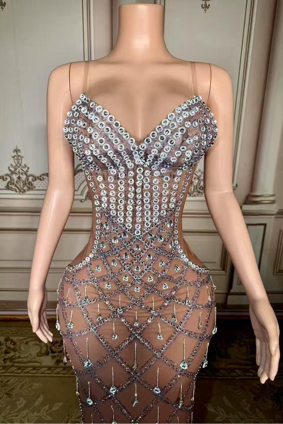 Strapless Mermaid Long Tulle Sliver Rhinestones Zipper Prom Dress Yesbabyonline