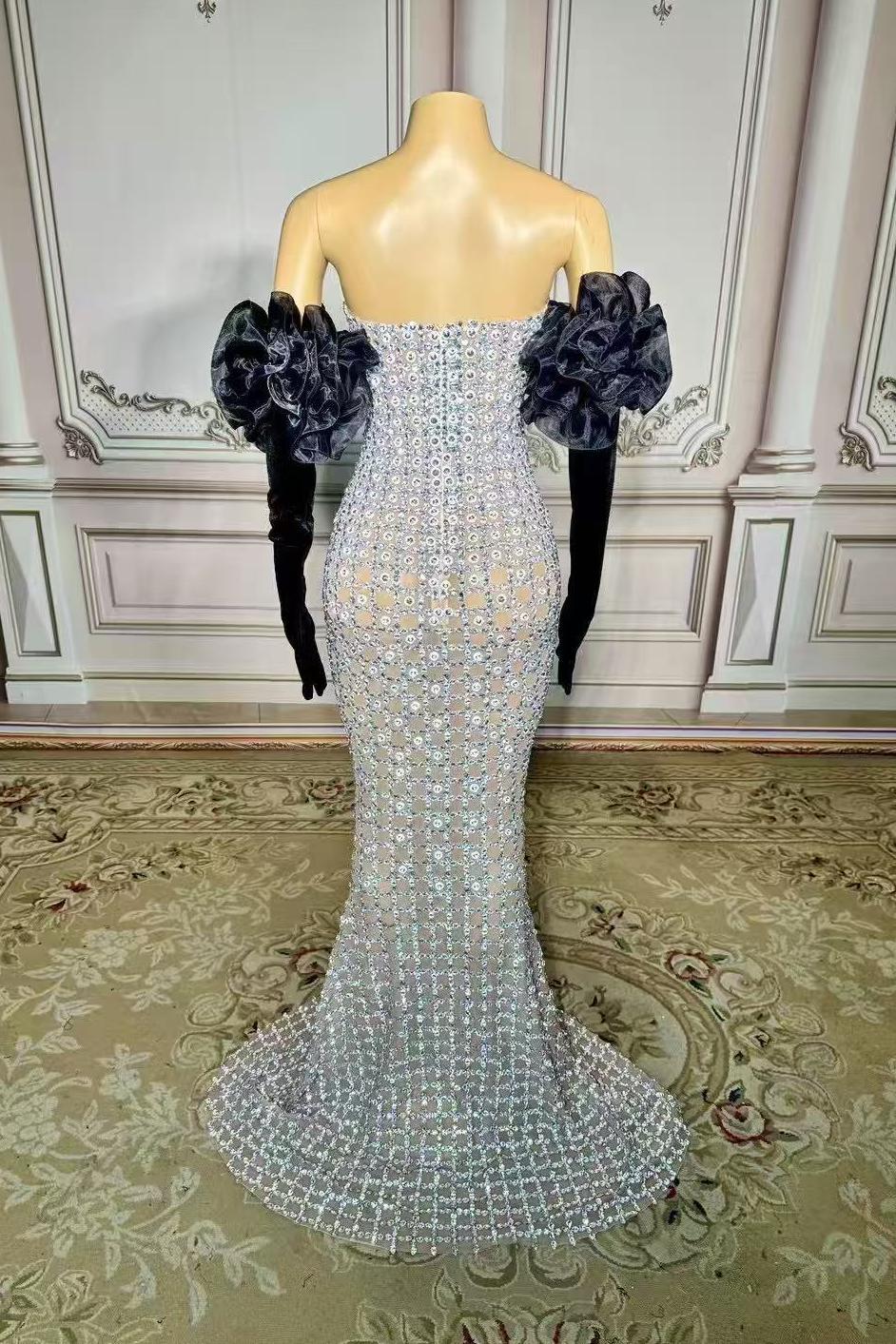 Strapless Sleeveless Tulle Mermaid Rhinestones Floor Length Prom Dress Yesbabyonline