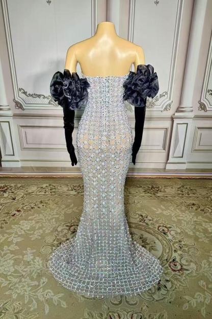 Strapless Sleeveless Tulle Mermaid Rhinestones Floor Length Prom Dress Yesbabyonline 