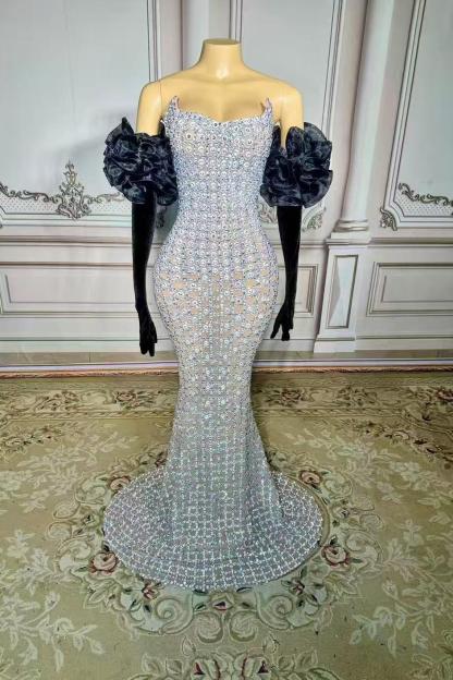 Strapless Sleeveless Tulle Mermaid Rhinestones Floor Length Prom Dress Yesbabyonline 