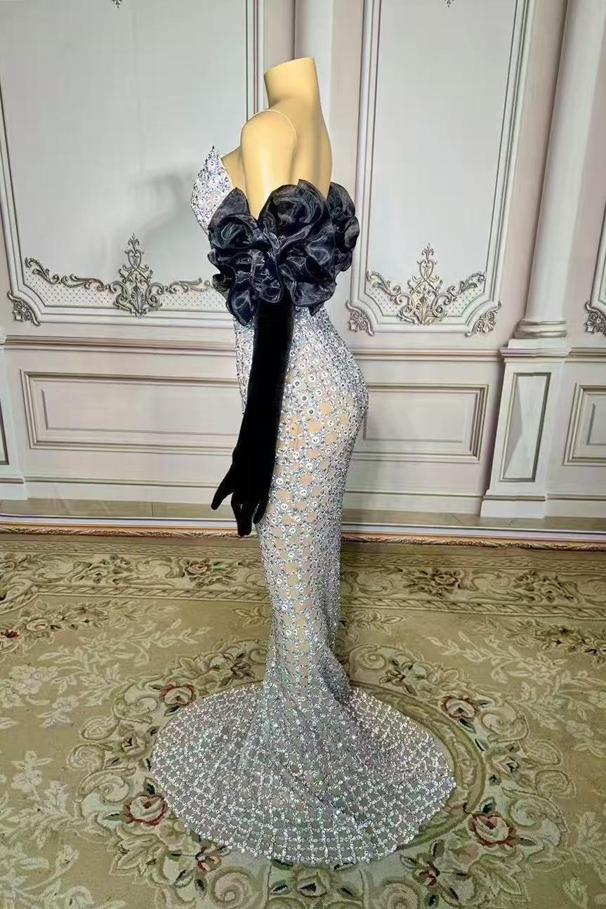 Strapless Sleeveless Tulle Mermaid Rhinestones Floor Length Prom Dress Yesbabyonline