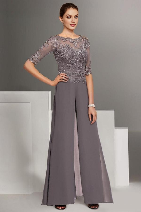 Chiffon Half Sleeves Mother of the Bride Dresses Long Jumpsuit with Appliques Lace
