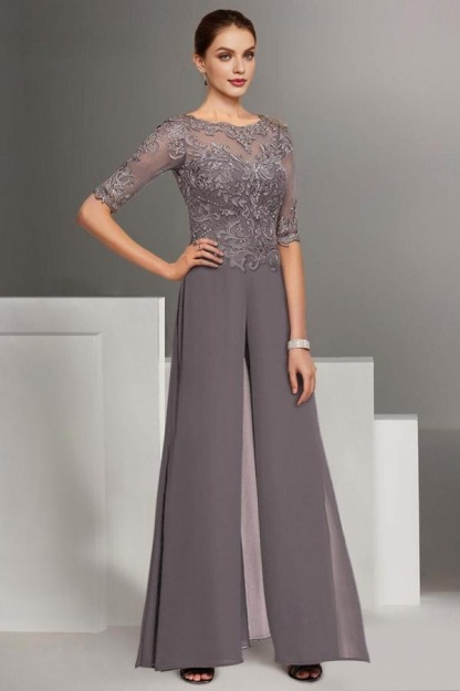 Chiffon Half Sleeves Mother of the Bride Dresses Long Jumpsuit with Appliques Lace