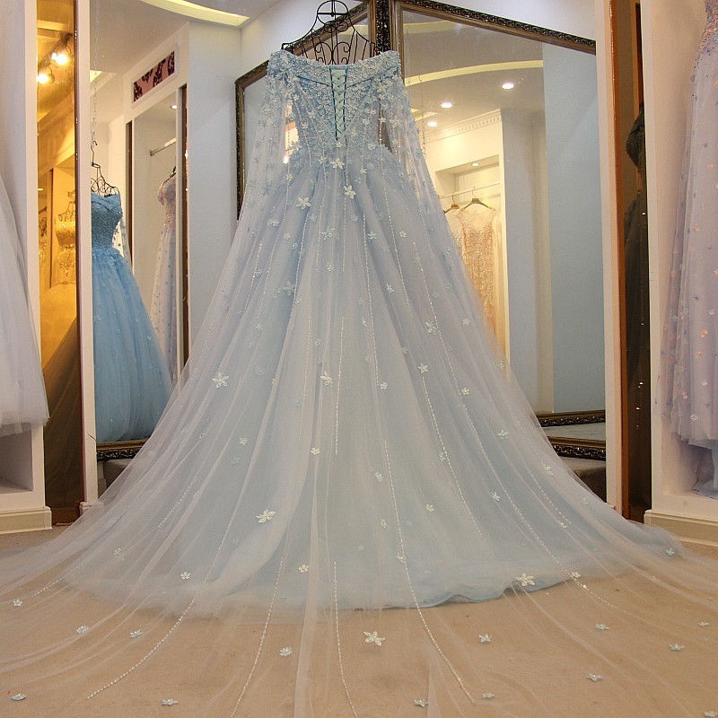 Sweet Flower Light Blue Tulle Lace Up Back A-Line Prom Dress 