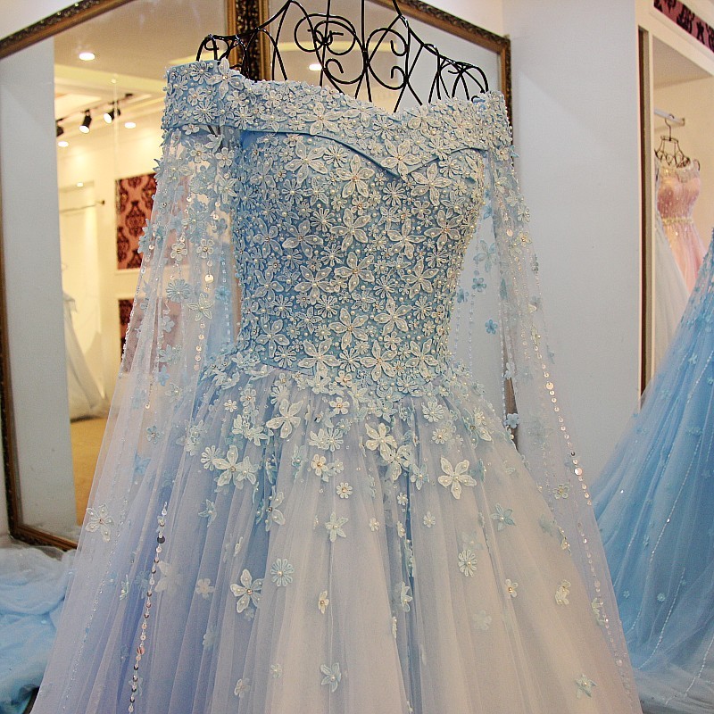 Sweet Flower Light Blue Tulle Lace Up Back A-Line Prom Dress 