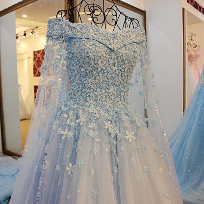 Sweet Flower Light Blue Tulle Lace Up Back A-Line Prom Dress 
