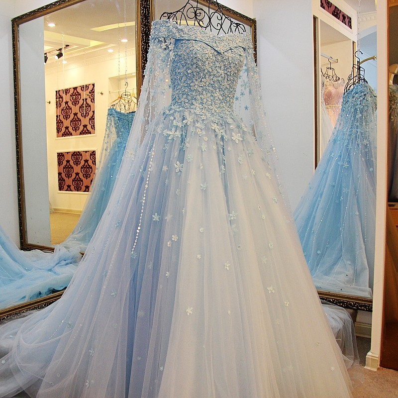 Sweet Flower Light Blue Tulle Lace Up Back A-Line Prom Dress 