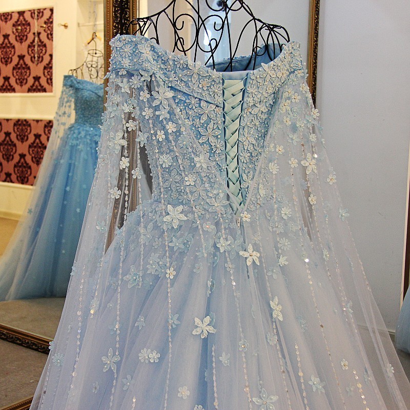 Sweet Flower Light Blue Tulle Lace Up Back A-Line Prom Dress 