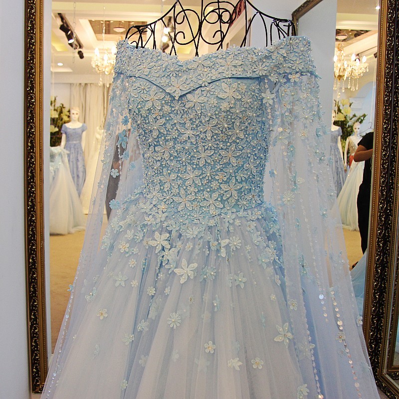 Sweet Flower Light Blue Tulle Lace Up Back A-Line Prom Dress 