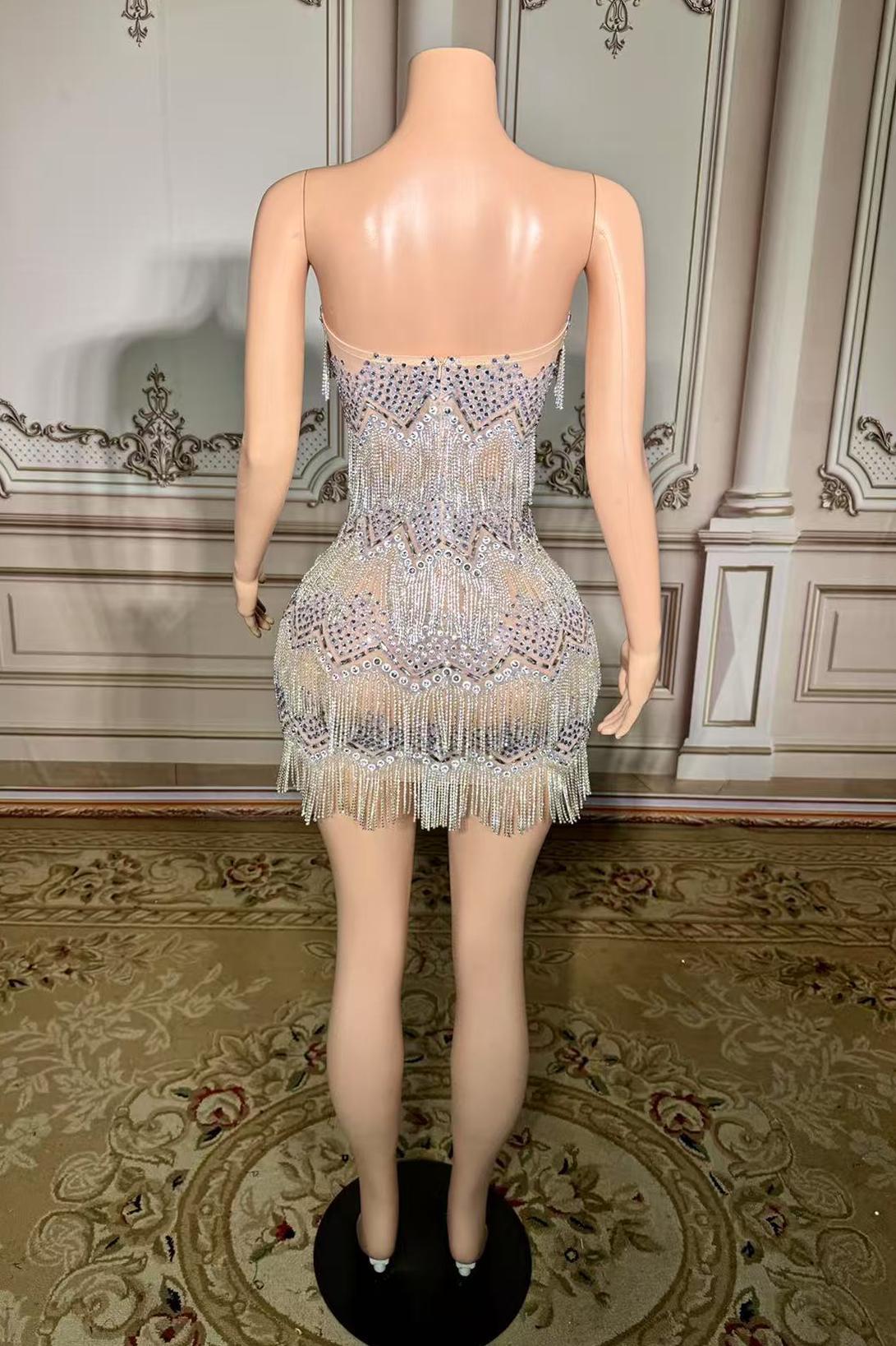 Short Silver Tassel Strapless Natural Zipper Mermaid Prom Dress Yesbabyonline