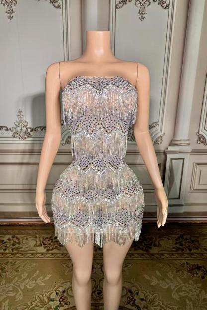 Short Silver Tassel Strapless Natural Zipper Mermaid Prom Dress Yesbabyonline 