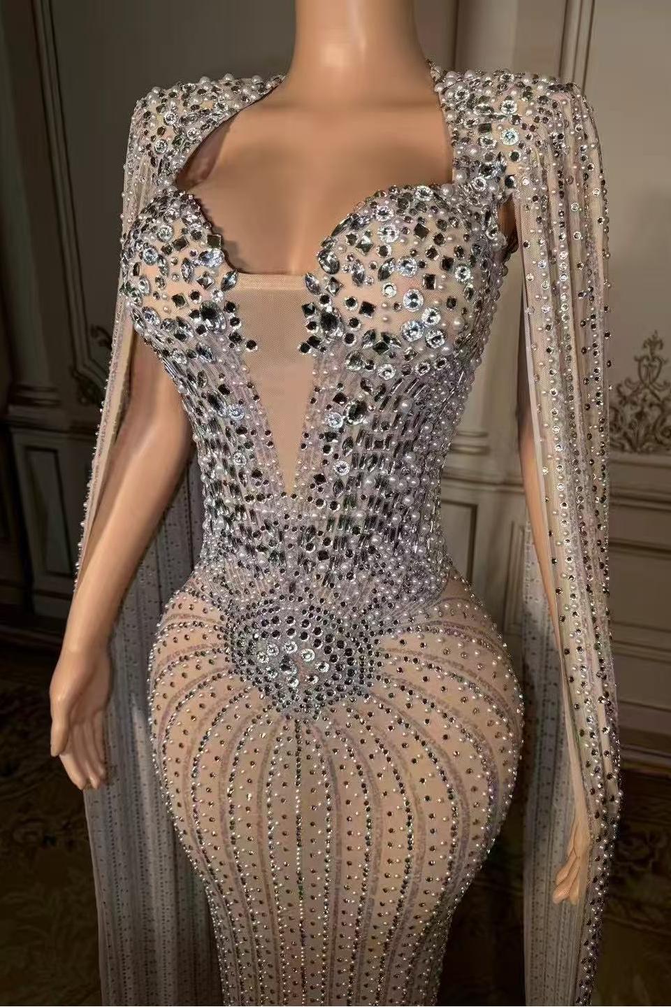 Luxury Tulle Watteau TrainAsymmetrical Long Rhinestones Prom Dress Yesbabyonline