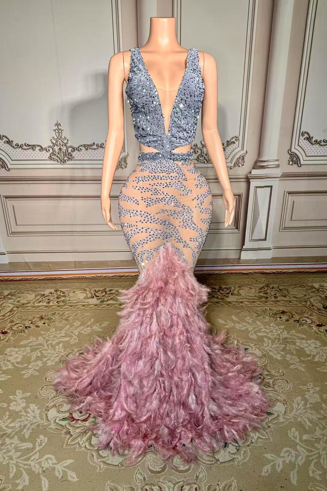 Beautiful V-neck Zipper Back Feather Mermaid Sequins Long Prom Dress Yesbabyonline