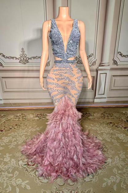 Beautiful V-neck Zipper Back Feather Mermaid Sequins Long Prom Dress Yesbabyonline
