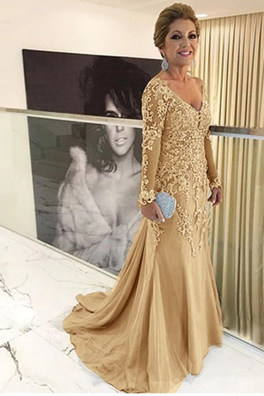 Elegant V-neck Tulle Long Sleeve Lace Mother Of The Bride Dress Yesbabyonline