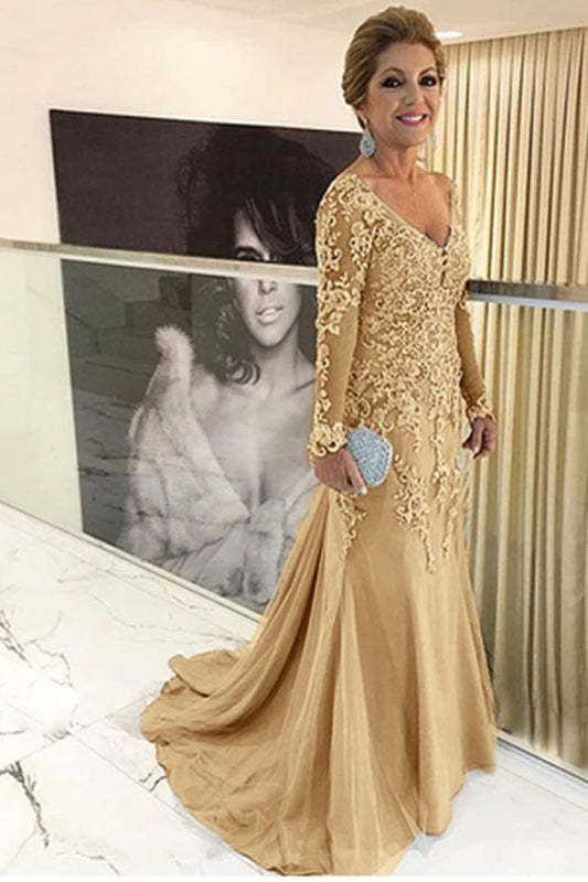 Elegant V-neck Tulle Long Sleeve Lace Mother Of The Bride Dress Yesbabyonline
