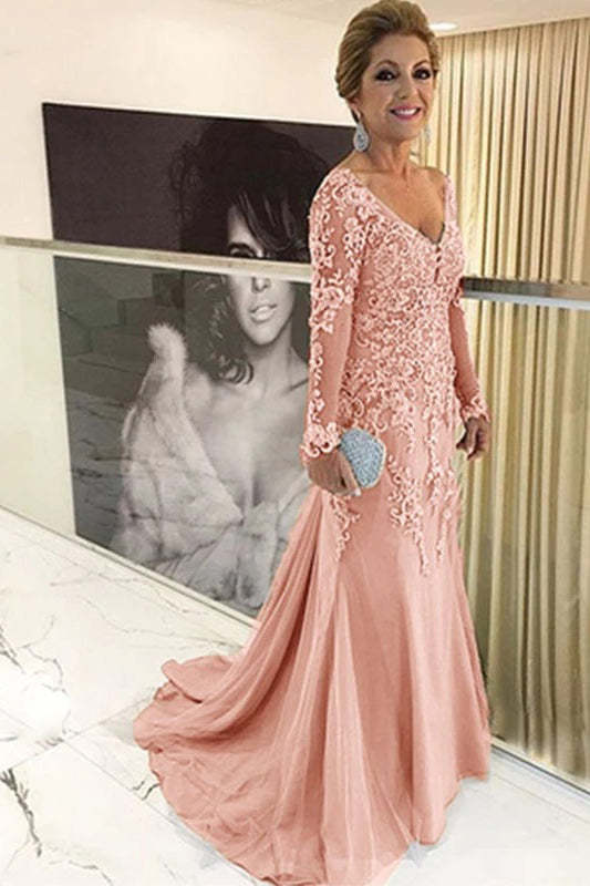 Elegant V-neck Tulle Long Sleeve Lace Mother Of The Bride Dress Yesbabyonline