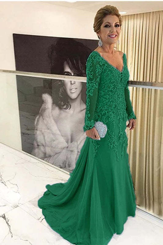 Elegant V-neck Tulle Long Sleeve Lace Mother Of The Bride Dress Yesbabyonline