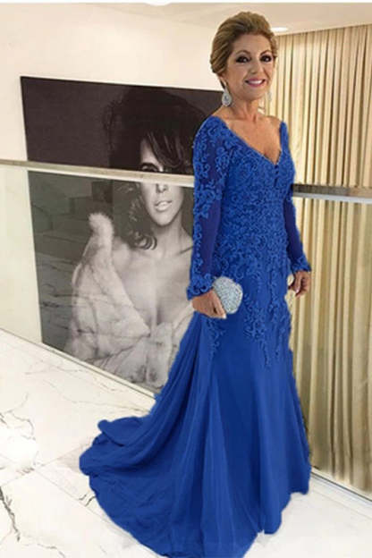 Elegant V-neck Tulle Long Sleeve Lace Mother Of The Bride Dress Yesbabyonline