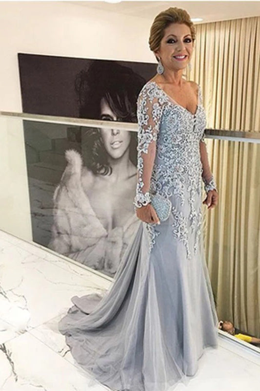 Elegant V-neck Tulle Long Sleeve Lace Mother Of The Bride Dress Yesbabyonline