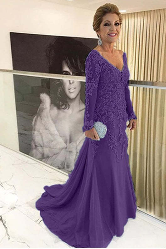 Elegant V-neck Tulle Long Sleeve Lace Mother Of The Bride Dress Yesbabyonline