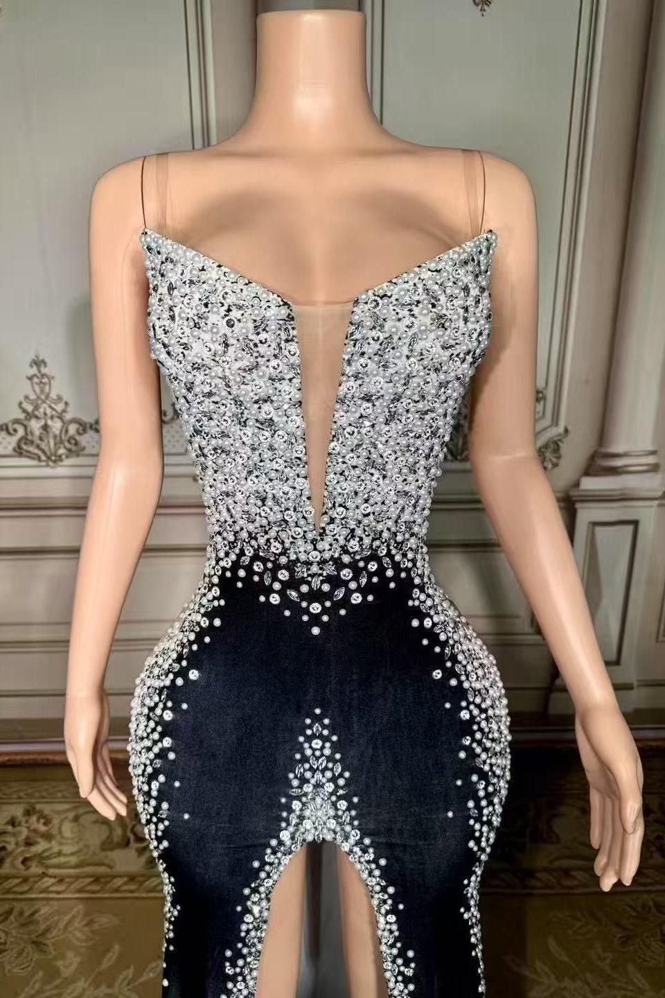 Black Satin Velour V-neck Long Sleeveless Prom Dress with Rhinestones Yesbabyonline