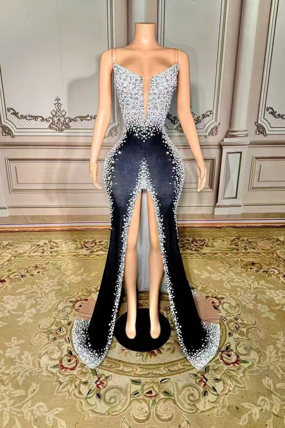 Black Satin Velour V-neck Long Sleeveless Prom Dress with Rhinestones Yesbabyonline 