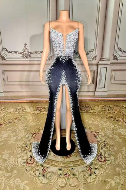 Black Satin Velour V-neck Long Sleeveless Prom Dress with Rhinestones Yesbabyonline 