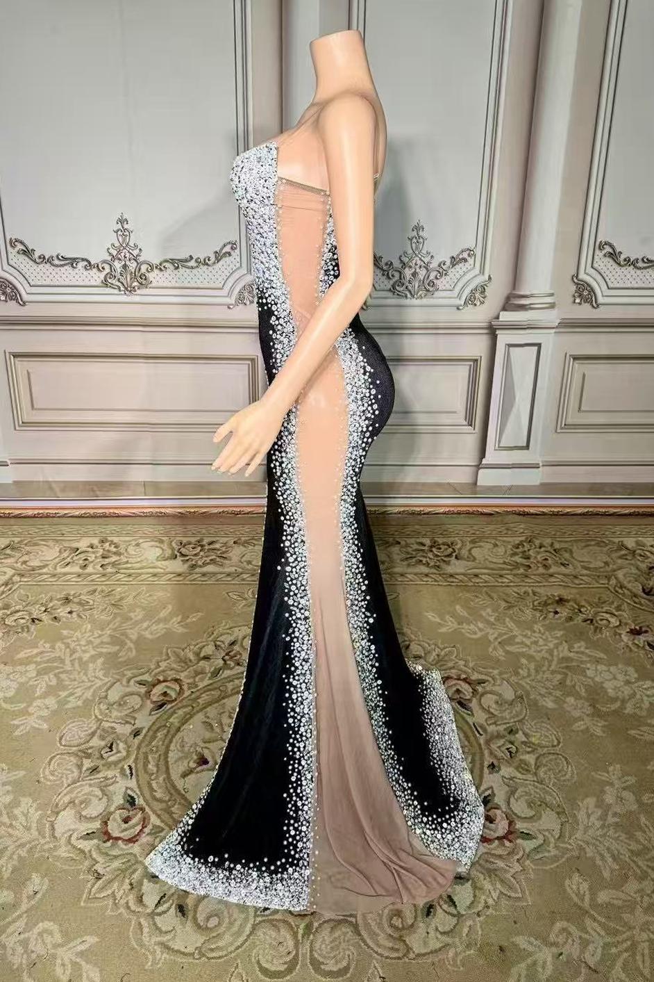 Black Satin Velour V-neck Long Sleeveless Prom Dress with Rhinestones Yesbabyonline