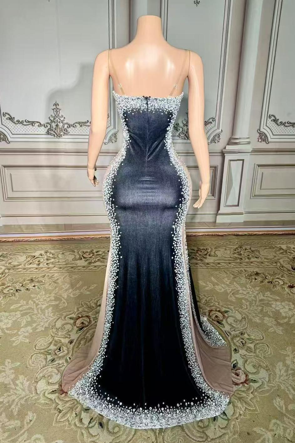 Black Satin Velour V-neck Long Sleeveless Prom Dress with Rhinestones Yesbabyonline