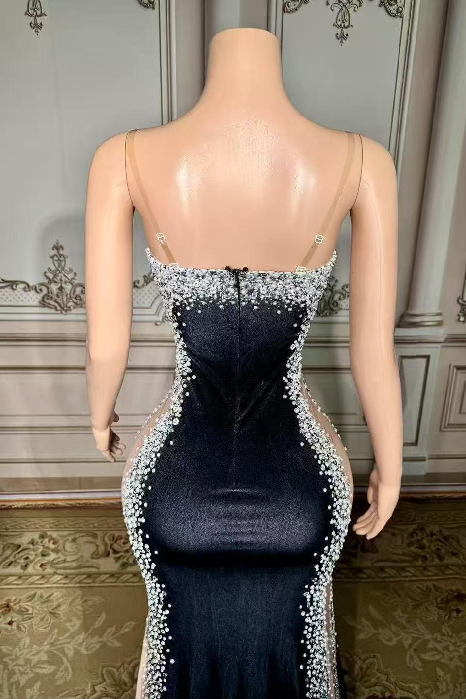 Black Satin Velour V-neck Long Sleeveless Prom Dress with Rhinestones Yesbabyonline