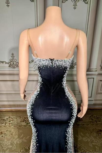 Black Satin Velour V-neck Long Sleeveless Prom Dress with Rhinestones Yesbabyonline 