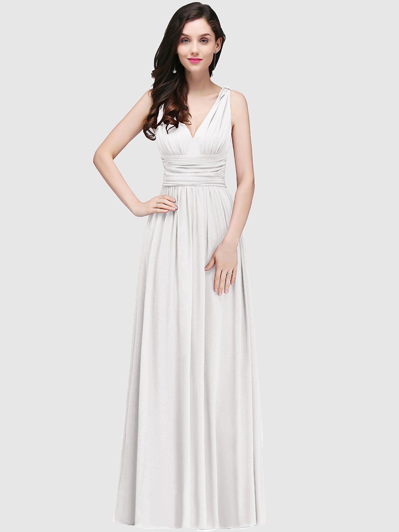Long Chiffon V Neck Off The Shoulder Ruffle Floor Length Bridesmaid Dress - YESBABYONLINE