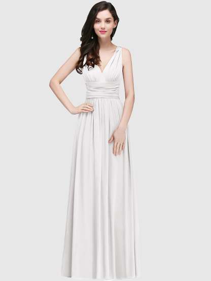 Long Chiffon V Neck Off The Shoulder Ruffle Floor Length Bridesmaid Dress - YESBABYONLINE