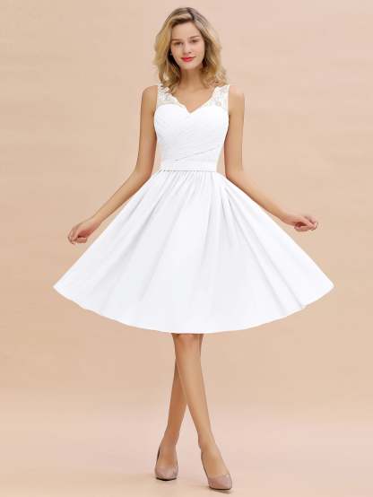 Simple Short A Line V-neck Chiffon Knee Length Bridesmaid Dress - YESBABYONLINE