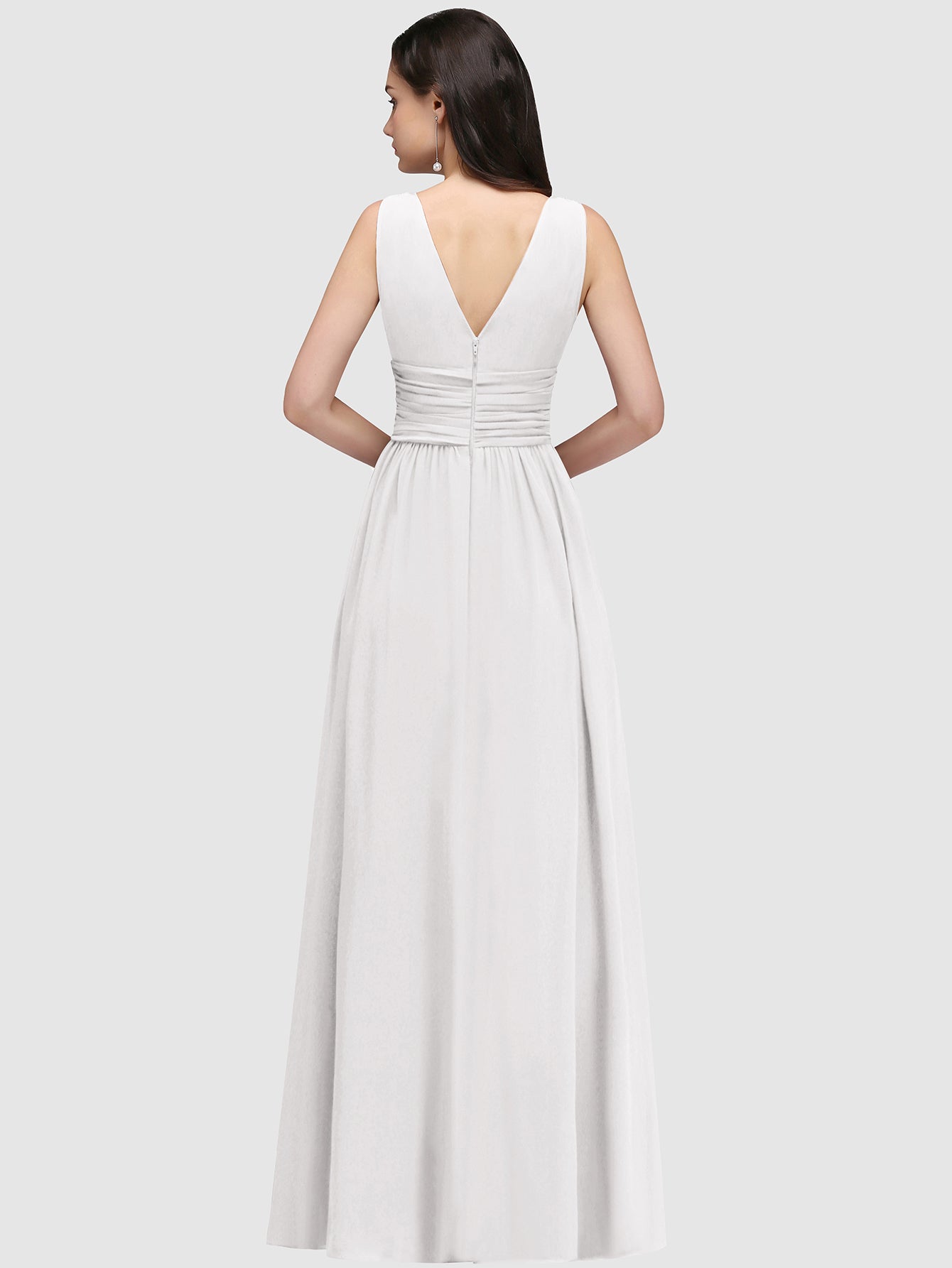 Long Chiffon V Neck Off The Shoulder Ruffle Floor Length Bridesmaid Dress - YESBABYONLINE