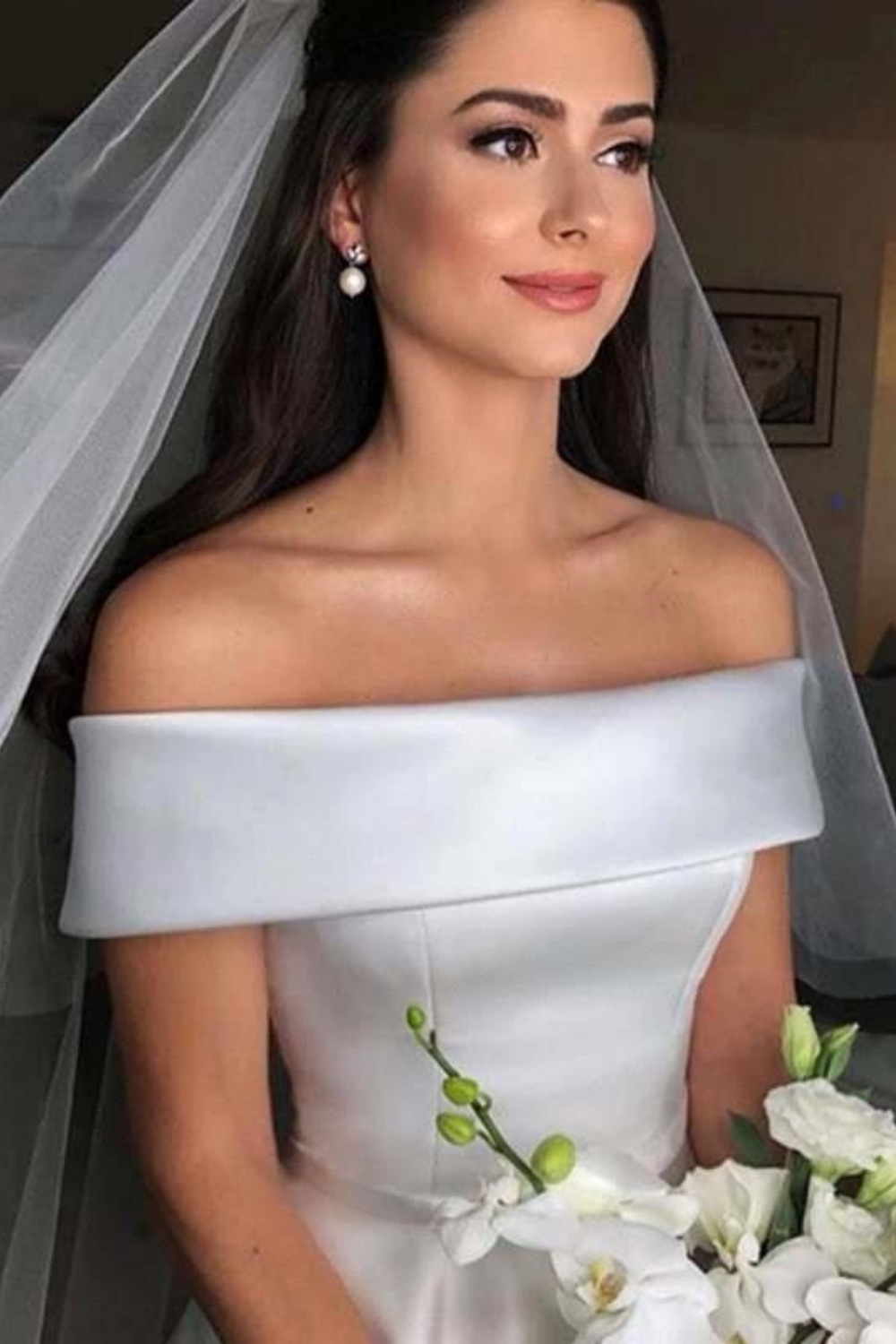 White Long A-line Off-the-Shoulder Satin Wedding Dresses