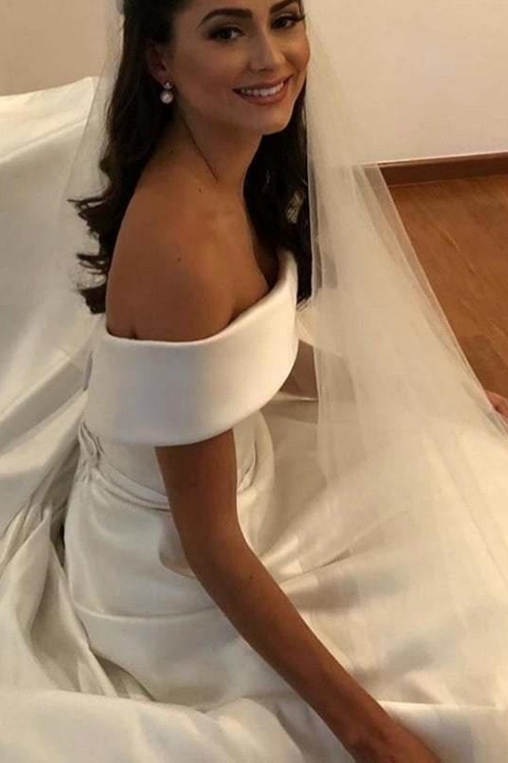 White Long A-line Off-the-Shoulder Satin Wedding Dresses