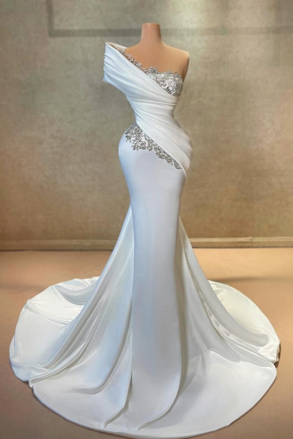 White Long One Shoulder Lace Satin Mermaid Prom Dress With Beads - YESBABYONLINE