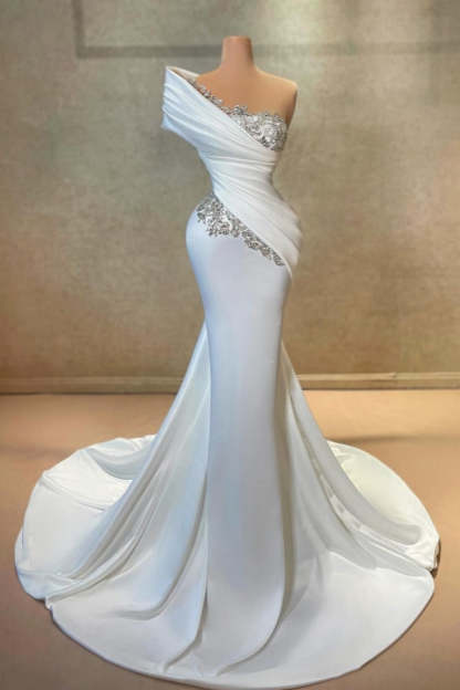 White Long One Shoulder Lace Satin Mermaid Prom Dress With Beads - YESBABYONLINE