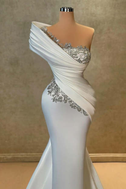 White Long One Shoulder Lace Satin Mermaid Prom Dress With Beads - YESBABYONLINE