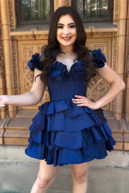 A -Line Off The Shoulder Golden Corset Short Homecoming Dress with Ruffles